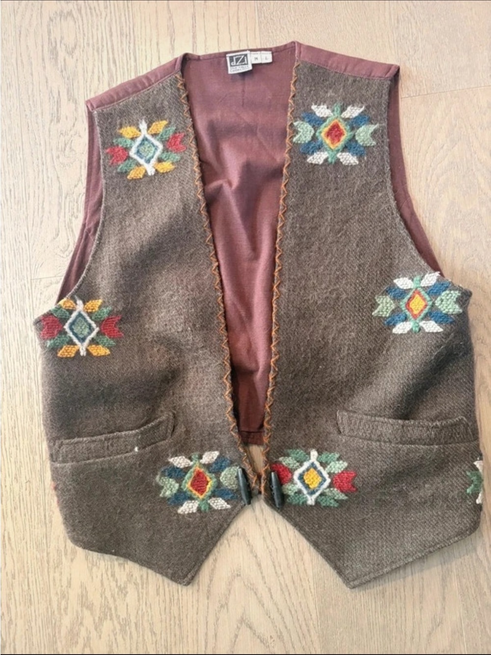 Vintage 90s dZi The Tibet Collection Embroidered Wool Vest Gilet M/L Boho